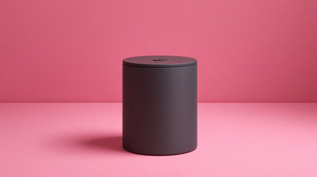 A modern round trash can sits on a smooth pink surface. The can is sleek and simple adding a touch of elegance to the minimalist setting. Ideal for contemporary decor.の素材