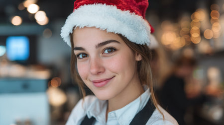 A young woman with long hair and a Santa hat stands in a cozy cafe smiling brightly. The cafe has warm lights and festive decorations creating a cheerful atmosphere during the holiday season.の素材