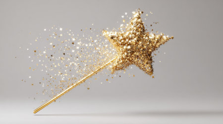 A golden star wand emits a vibrant trail of sparkling glitter against a light background. This scene evokes a sense of magic and wonder perfect for celebrations.の素材