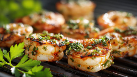 A plate of shrimp with parsley on top. The shrimp are cooked and seasoned with herbs. Concept of freshness and healthiness, as the parsley adds a pop of colorの素材
