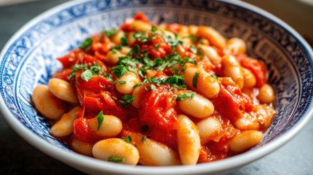A bowl of white beans is topped with rich tomato sauce and sprinkled with fresh herbs. The dish is vibrant inviting and perfect for a hearty meal.の素材