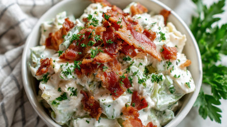 A bowl of bacon and cheese salad with parsley on top. The salad is white and green in colorの素材