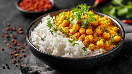 A bowl of rice and chickpeas with parsley and red pepper flakes. The bowl is black and the rice is whiteの素材
