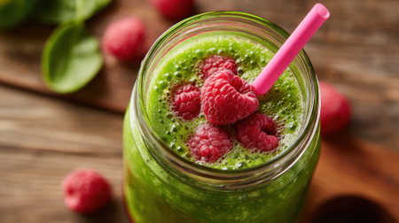 A vibrant green smoothie is served in a mason jar, garnished with fresh raspberries. The drink sits on a rustic wooden table, showing a healthy, refreshing option.の素材