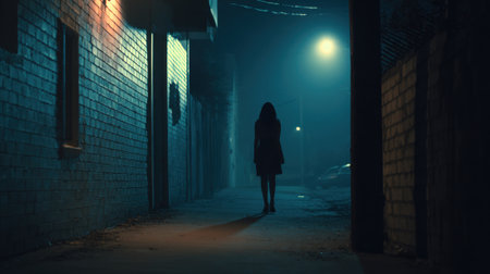A solitary figure strides through a misty alleyway illuminated by soft streetlights.の素材