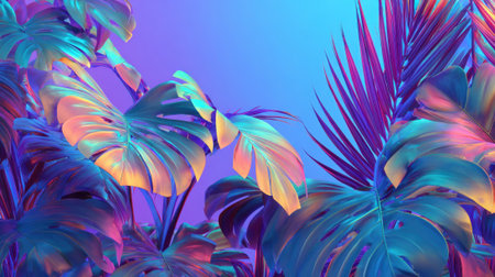Colorful tropical foliage glows under bright lighting blending shades of blue pink and purple beautifully.の素材