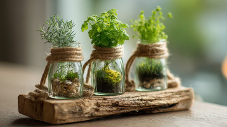 Three small glass jars hold vibrant herbs beautifully arranged on a natural wooden base adding freshness to the room.の素材