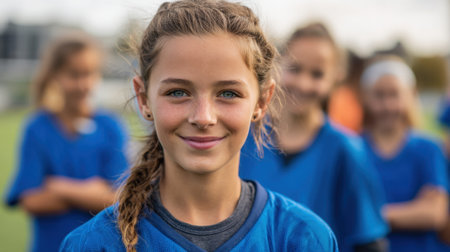Young girl smiles confidently wearing a blue jersey. Teammates are blurred in the background during practice.の素材