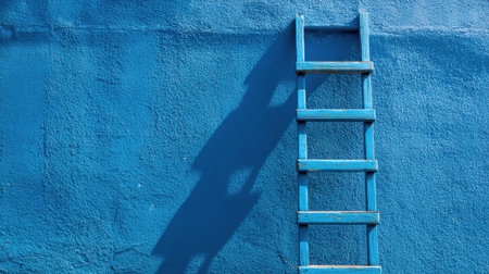 A colorful blue ladder stands against a textured blue wall creating a striking shadow below.の素材