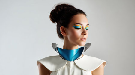 A fashion model poses elegantly in a minimalistic studio, wearing a futuristic outfit with a bold blue collar and vibrant blue eyeshadow. The scene emphasizes contemporary style and artistry.の素材