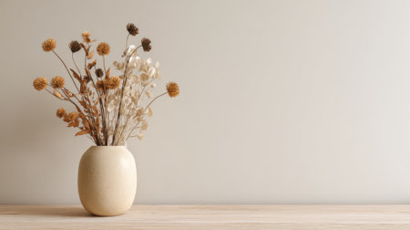 A stylish arrangement of dried flowers is placed in a clean, round vase on a wooden table. The neutral wall provides a simple yet elegant background for this decor.の素材