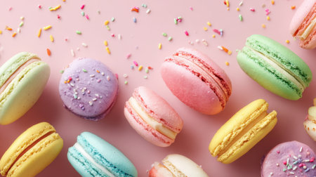 A collection of brightly colored macarons sits on a pink surface, adorned with colorful sprinkles. Each macaron features different flavors and designs, making for an attractive display.の素材