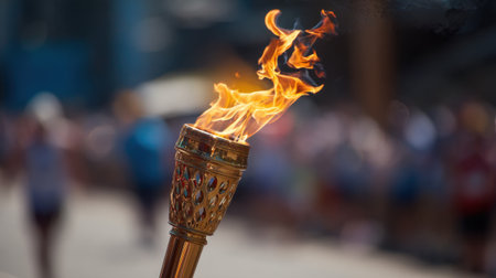 A bright flame flickers from a golden torch as runners pass by in a lively atmosphere of celebration.の素材