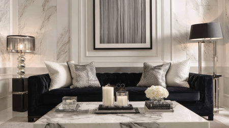 Soft lighting illuminates a stylish living room filled with rich textures and elegant decor elements.の素材