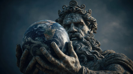 A powerful figure holds the Earth close surrounded by dark clouds at sunset evoking awe.の素材