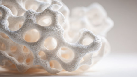 A detailed close-up of a striking white coral formation highlights its unique holes and textures. This natural piece captures the beauty of marine life in a serene, soft light.の素材