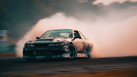 A skilled driver expertly drifts a powerful car creating a cloud of tire smoke as dusk sets in.の素材