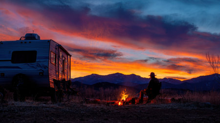 A lone figure enjoys a warm campfire while sunset colors illuminate the mountain sky.の素材