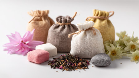 Small fabric bags filled with tea leaves and candies sit amidst fresh flowers and stones.の素材