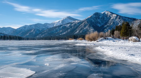 A pristine lake frozen reflects the clear blue sky as towering mountains rise in the background. The peaceful winter scene is filled with snow-covered trees and icy formations.の素材