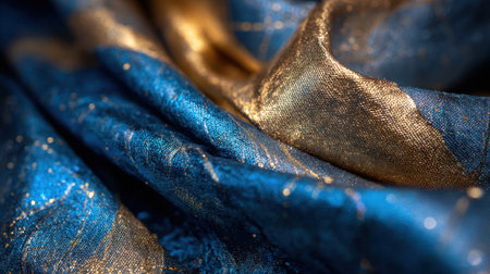 Waves of blue and gold fabric flow together catching the light in a warm and inviting way.の素材