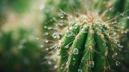 A close view of a vibrant green cactus covered in tiny water droplets. The sunlight reflects off the droplets, enhancing the cactus's spines.の素材