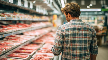 A man examines various cuts of meat displayed in a grocery store aisle while shopping.の素材