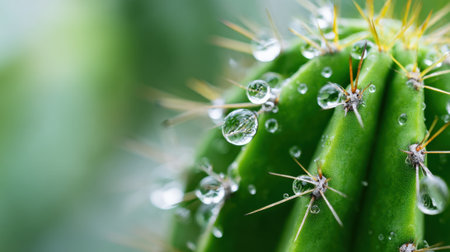 The green cactus features a close-up view of its spines and water droplets, highlighting its resilience and beauty in a natural environment under soft light.の素材