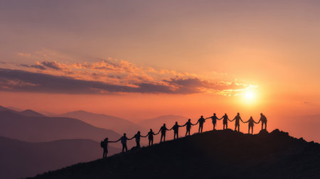 Group of friends stand together on a mountain holding hands while watching the sunset over the horizon.の素材