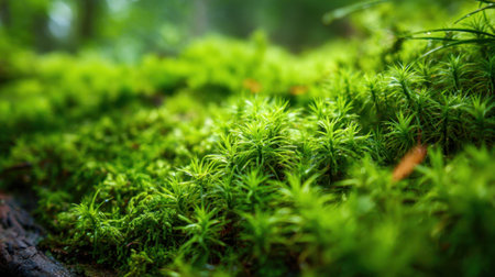 Bright green moss blankets the forest floor, bathed in soft morning light. Growing in dense clusters, the moss adds tranquility to the woodland scene.の素材