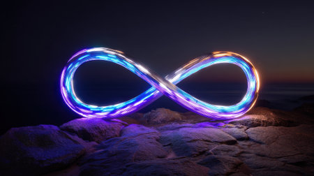 Bright light trails form an infinity symbol while the sun sets over the ocean horizon.の素材
