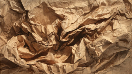 Crumpled brown paper presents intricate textures and shadows evoking an artistic gesture.の素材