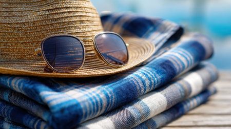 Sunglasses lie on a straw hat placed on neatly stacked blue plaid blankets. The scene is relaxing, captured by a poolside on a bright, sunny day, inviting warm leisure moments.の素材