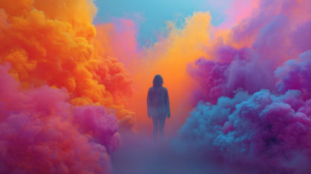 A person stands alone among billowing clouds of bright orange, pink, and blue smoke. The scene captures a tranquil yet vivid atmosphere at dusk, evoking feelings of wonder and exploration.の素材