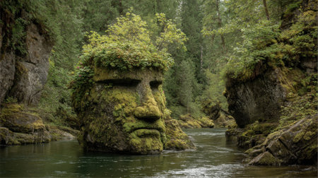 A large stone face covered in moss stands majestically in a serene river embraced by nature.の素材