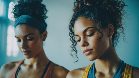 Two women in colorful activewear are engaged in a fitness routine in a bright studio. The warm morning light enhances their concentration and determination as they workout together.の素材