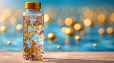A clear bottle filled with colorful beads sits on a surface near a blue pool. The sun shines brightly, creating a warm and cheerful atmosphere with playful reflections.の素材