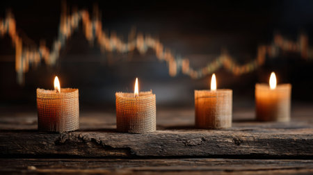 Four lit candles sit on a rustic wooden table, creating a warm glow. Behind them, a depicting charting market trends is visible, suggesting a calm yet focused atmosphere in the evening.の素材