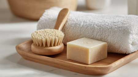 A clean and serene setup features a soft white towel, a wooden brush with natural bristles, and a bar of soap carefully arranged on a bamboo tray, evoking relaxation.の素材