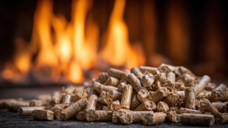 A pile of wood pellets sits before a vibrant fire, providing warmth and light to the darkened room. The glow from the flames creates a relaxing atmosphere perfect for evenings.の素材