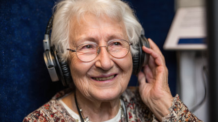 Elderly lady smiles and enjoys music through her headphones in a calming space full of memories.の素材