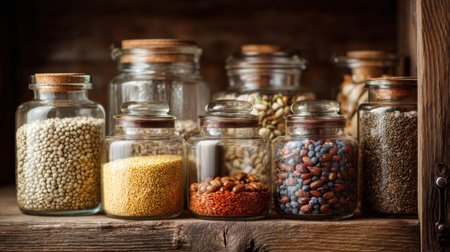 A charming display of glass jars sits on an old wooden shelf, each filled with different grains, seeds, and legumes. The rustic setting enhances the vibrant colors and textures of the contents.の素材