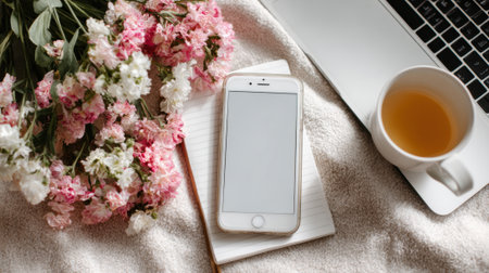 A calming workspace features a smartphone notebook fresh flowers and a steaming cup of tea creating a peaceful vibe.の素材
