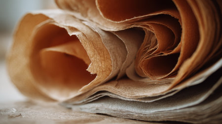 Soft light illuminates curled aged paper sheets layered gracefully on a textured surface.の素材