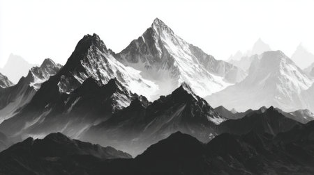 Snow capped peaks soar high surrounded by dark silhouettes of lower mountains and soft clouds.の素材