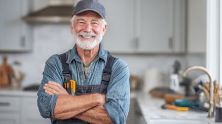 A cheerful older man stands confidently with tools in his pocket ready to work in a sunny kitchen.の素材