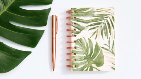 Beautiful notebook featuring green leaf patterns alongside a shiny pen on a minimalistic surface.の素材