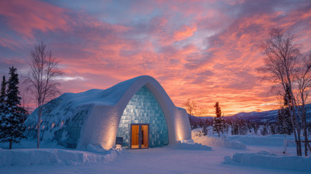 Bright sunset colors illuminate a striking ice structure surrounded by snowy trees and mountains.の素材