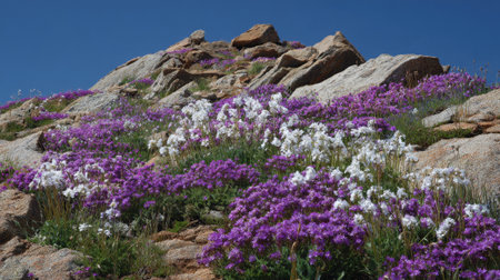 A colorful display of purple and white wildflowers flourishes among rugged rocks under bright sunlight.の素材