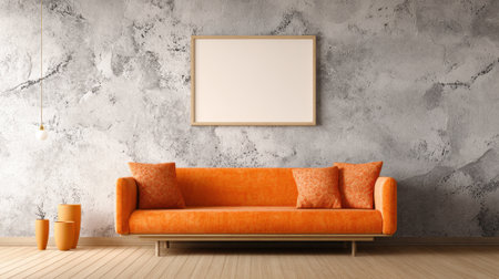 Bright orange sofa and cozy cushions create a welcoming atmosphere in this sleek living area.の素材